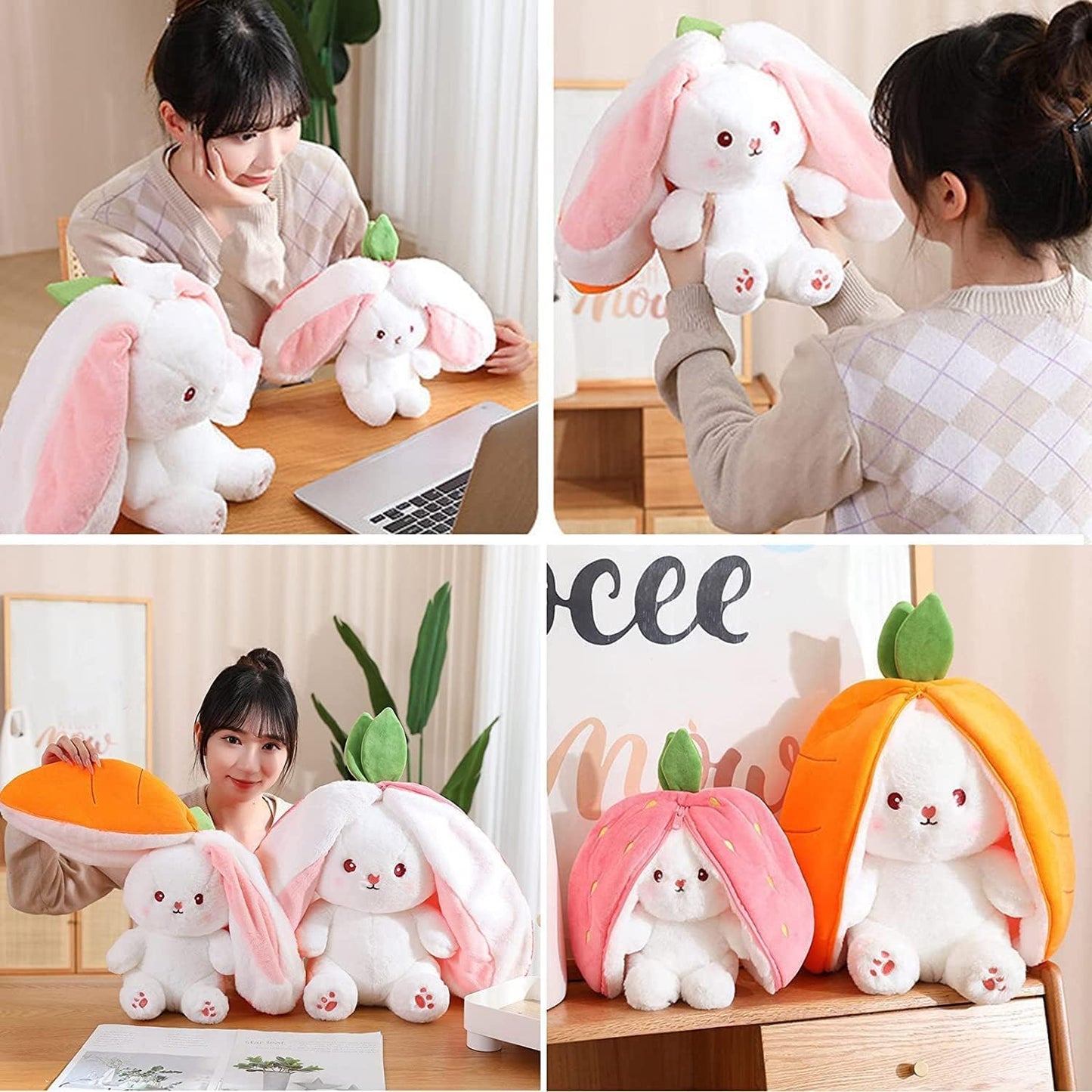 Strawberry Rabbit with Zipper Soft Animal Toys (25 cm, Pink)