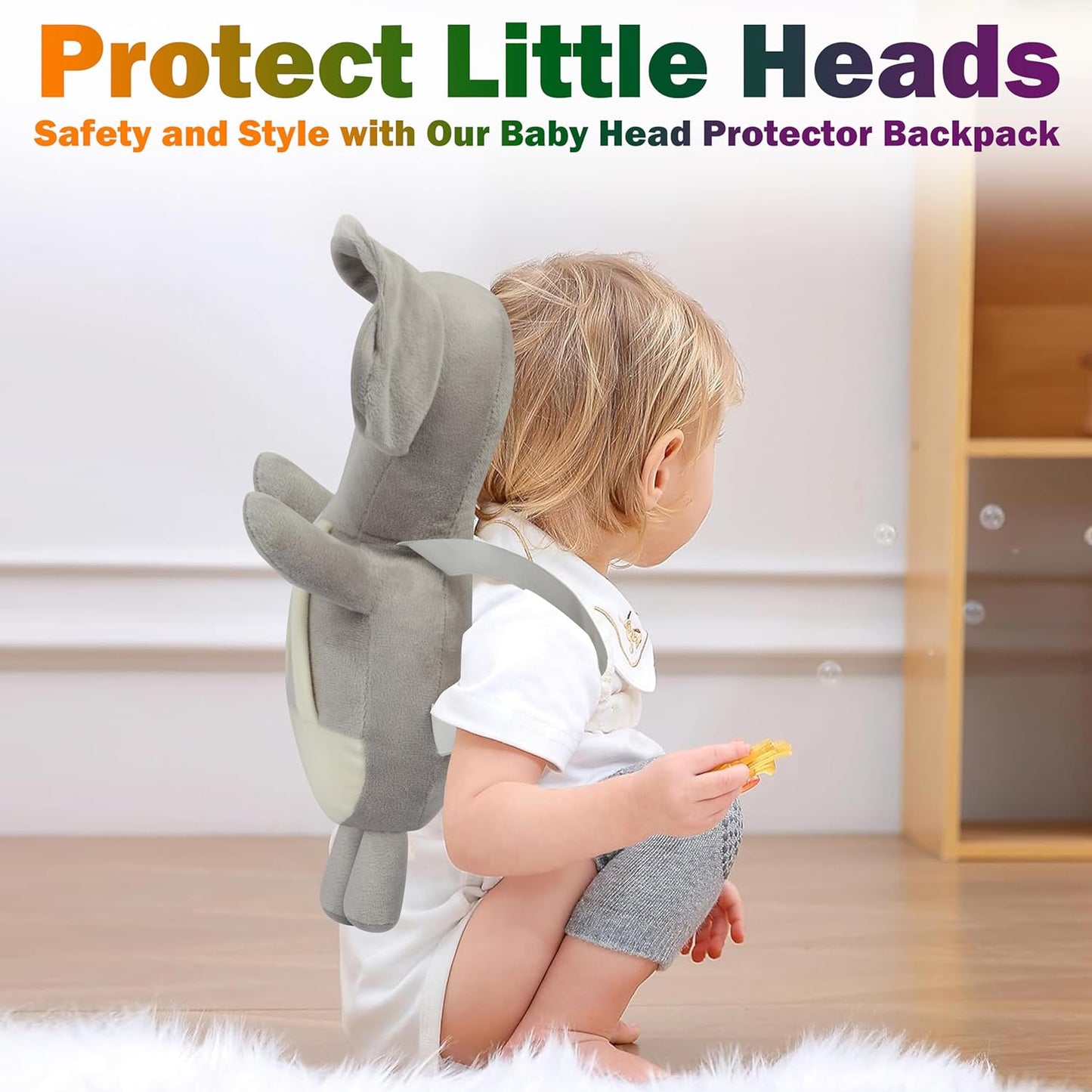 Head Protector Cushion Plush Soft Toy Early Learning Toy Fall Protection Helmet Baby Head Protector Child Adjustable Shoulder Strap (Head Protector),grey