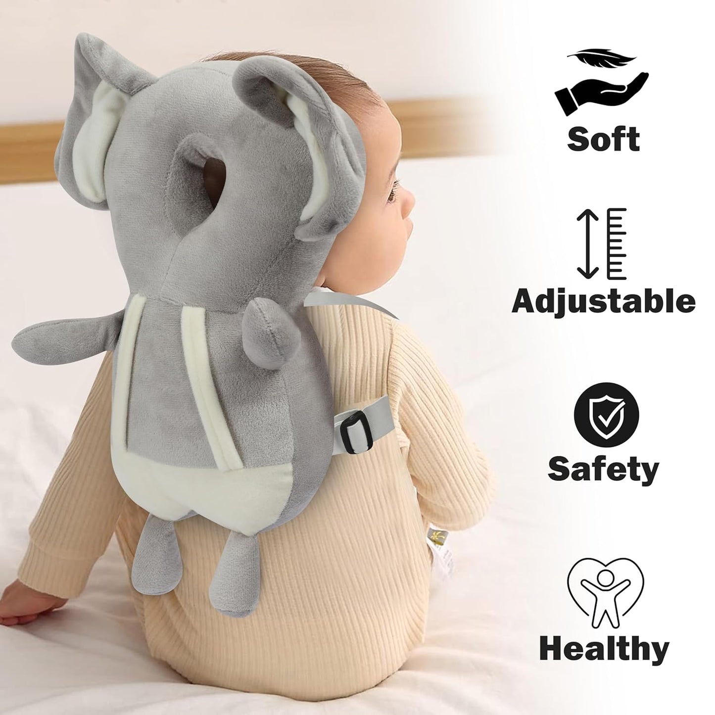 Head Protector Cushion Plush Soft Toy Early Learning Toy Fall Protection Helmet Baby Head Protector Child Adjustable Shoulder Strap (Head Protector),grey